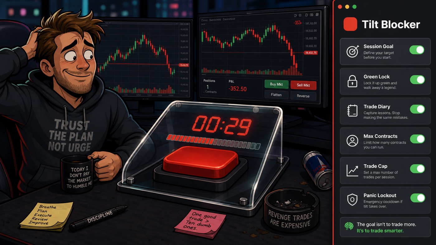 Cartoon trader using Tilt Blocker side panel guardrails while a red order button sits behind a countdown shield